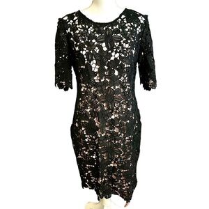 Leslie Fay Black Lace Dress Floral Sheath Round Neck Midi with Pink Slip-Size 8